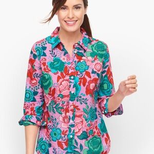 Talbots Cotton Colorful Button Front Shirt In Sketched Blooms Size SP